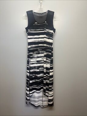 Tango Mango Sleeveless Sheer Black & White High-Low Striped Dress